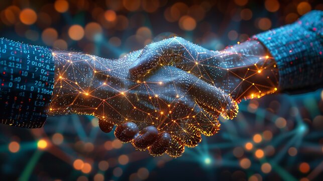 Double exposure of a handshake with digital data streams weaving through, representing partnerships in quantum tech. Minimal and Simple style