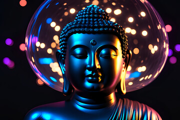  buddha meditating neon light and bokeh light with glitterTransparent design illustration.