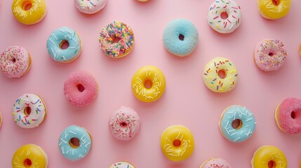 Assortment of colorful donuts, top view, pink background