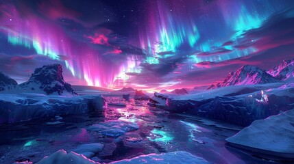 Fototapeta premium A dazzling neon-lit tundra, electric ice formations and glowing aurora lighting up the polar night sky