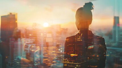 closeup photo of elegant businesswoman wearing blazer and looking at city skyline. double exposure, panoramic view contemporary metropolis background. space for your business message. wide, sunrise ef