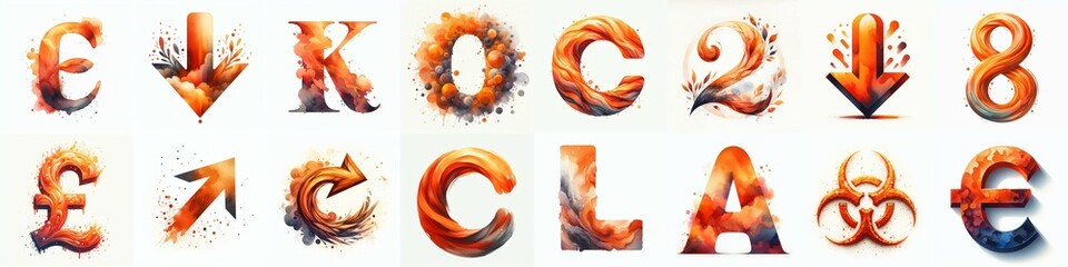 Orange watercolor Lettering Typeface. AI generated illustration