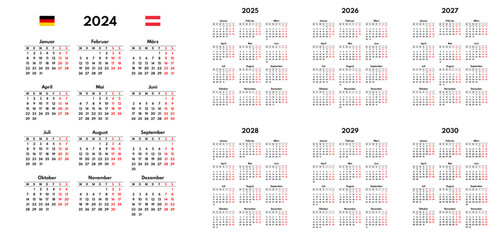 simple 2024 2025 2026 2027 2028 2029 2030 german calendar grid, monday first, two weekends