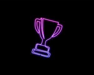 Neon light glow of Trophy cup hand drawn. Continuous one line drawing of trophy cup competition.   