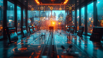 A team in a high-tech boardroom with transparent quantum schematics overlaying the scene, depicting strategic planning with advanced tech. Minimal and Simple style