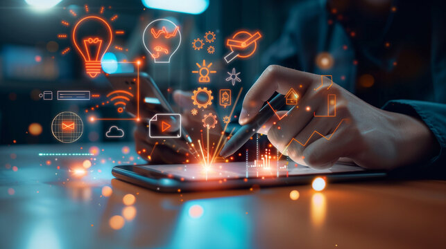 Person Using Smartphone with Glowing Digital Icons and Holograms