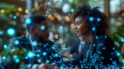 Business professionals engaged in a discussion with digital networks and quantum data floating around, symbolizing collaborative tech solutions. Minimal and Simple style