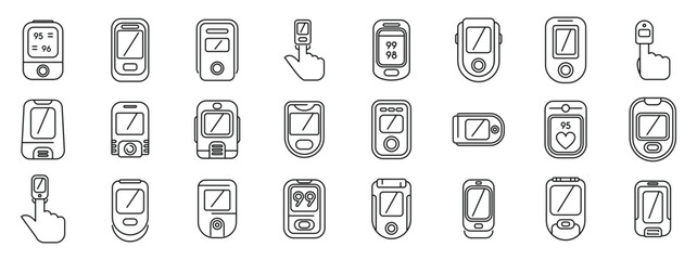 Pulse oximeter icons set vector. A collection of cell phones and watches with a variety of buttons and icons. The collection includes a watch with a heart symbol, a cell phone with a camera, and a