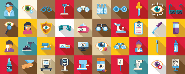 Optometrist icons set vector. A collection of medical icons and symbols. The image is a collage of various medical symbols and icons, including a stethoscope, a syringe, a bottle, and a clipboard
