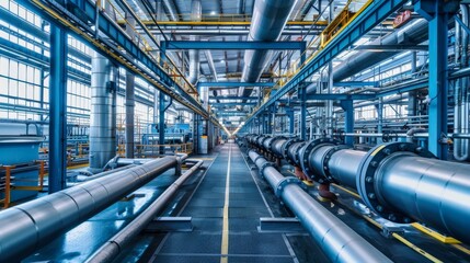 Fototapeta premium Steel pipelines running along the ceiling of a large manufacturing plant, with valves positioned at key junctions