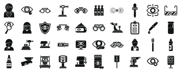 Optometrist icons set vector. A collection of medical icons including a stethoscope, a syringe, a bottle, a cup, a pen, a clipboard, a bottle of pills, a bottle of eye drops, a bottle of contact