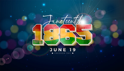 Juneteenth Freedom Day Design. African American June 19 Independence Day. Annual American Emancipation Holiday Vector Illustration with 3d 1865 Typography Lettering on Shiny Blue Background for Banner