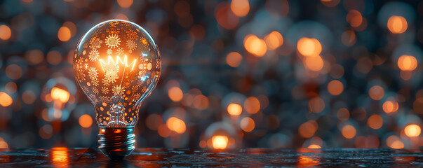 A close-up of a decorative light bulb with intricate patterns, glowing warmly against a blurred background of orange and blue bokeh lights.