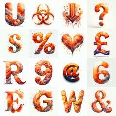 Orange watercolor Lettering Typeface. AI generated illustration