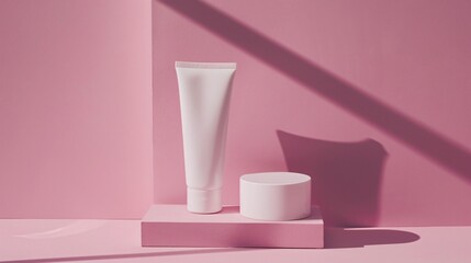 Product advertising shot of white cream tubes next to each other on pink background. Mock up concept