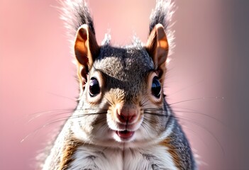 A close-up portrait of a curious grey squirrel with large eyes and a fluffy tail against a pink background