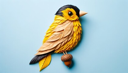A goldfinch crafted from bright yellow leaves, with black wings and a small beak made from wood. Eyes are acorns. The background is a light blue color.
