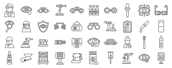 Optometrist icons set vector. A collection of medical icons including a doctor, a syringe, a stethoscope, and a pair of glasses