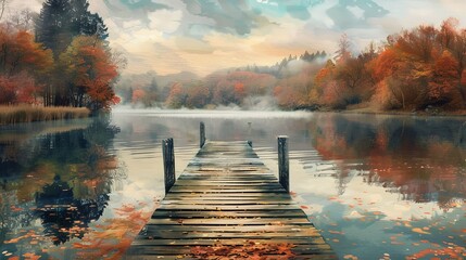 Pastel autumn scene with a wooden pier extending into a calm lake.