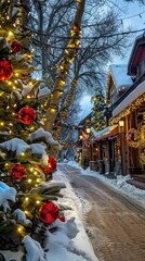 Fototapeta premium Beautiful blurred streets of city on holiday night or night with snowfall and Christmas lights. Abstract Christmas defocused background, 4k HD wallpaper, background, generated by AI