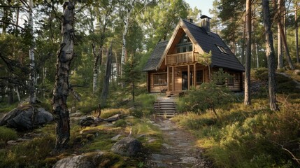 Exterior of a Nordic-style timber cabin with a gabled roof, nestled on the edge of a forest, with a winding path leading to the front door, inviting exploration and adventure