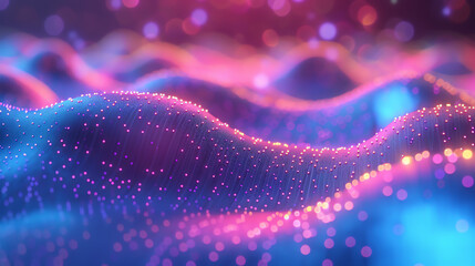 Abstract digital landscape with colorful, glowing particles, creating a vibrant and futuristic wave pattern. Ideal for tech and sci-fi visuals.