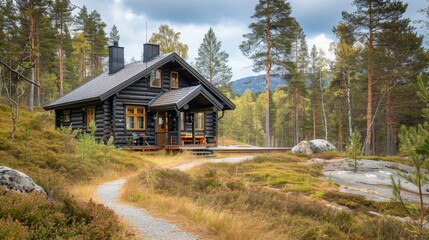 Exterior of a Nordic-style timber cabin with a gabled roof, nestled on the edge of a forest, with a winding path leading to the front door, inviting exploration and adventure