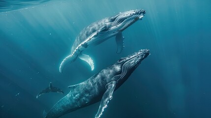Fototapeta premium Two humpback whales gracefully swim in the ocean