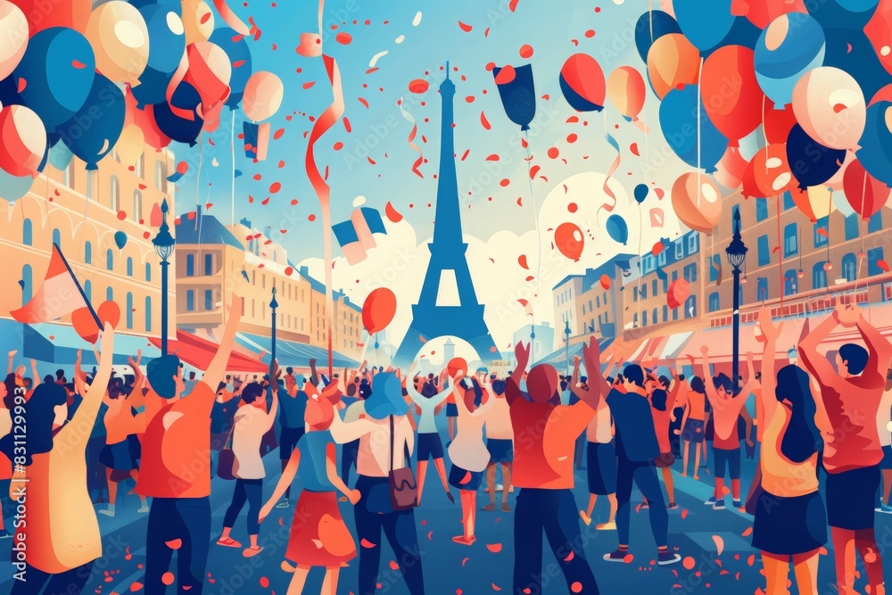 Wall mural crowd celebrating bastille day with balloons and flags near eiffel tower in paris