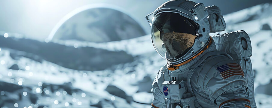 Astronaut on the lunar surface, wearing a spacesuit with Earth in the background under a starry sky, exploring the moon's terrain.