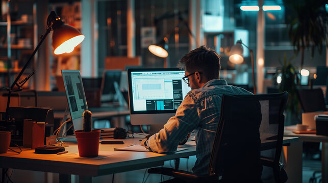 A single employee worked overtime until late at night.