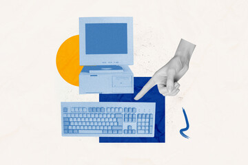 Composite artwork collage of blue color old computer monitor retro technology keyboard hand appear...