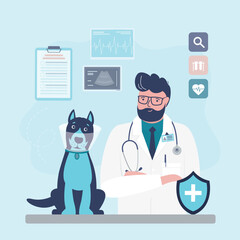 Veterinary clinic, doctor examining, vaccination, health care for pets. Veterinarian doctor examines sick dog. Vet clinic, animal care, pet medical treatment