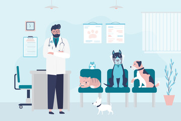 Veterinary clinic, doctor examining, vaccination, health care for pets. Veterinarian doctor examines sick domestic animals. Vet clinic room interior, animal care