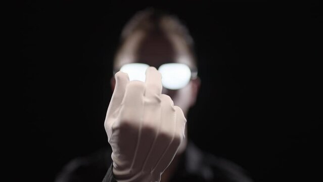 Anime villain with glowing eyeglasses showing the middle finger 4K