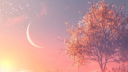 Pastel background of a tranquil autumn evening with a crescent moon.