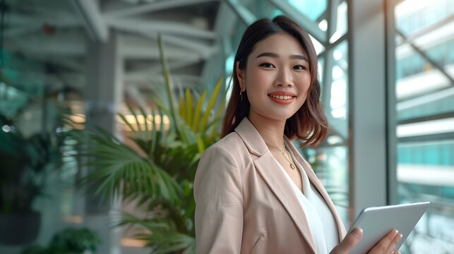 Young smart smiling professional business woman happy confident 30s female company worker sales manager holding digital tablet standing in modern office working looking at camera verti : Generative AI