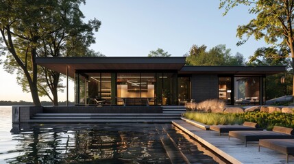 Obraz premium Exterior view of a minimalist lakeside retreat, with floor-to-ceiling windows, sleek architecture, and minimalist landscaping, blending with the natural surroundings