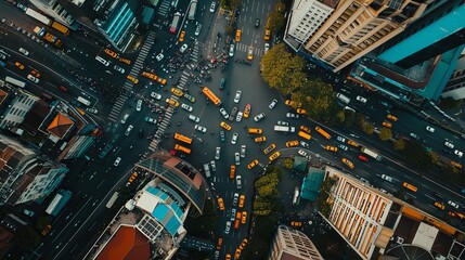 Top down view of road intersection with crowded vehicles in Jakarta city