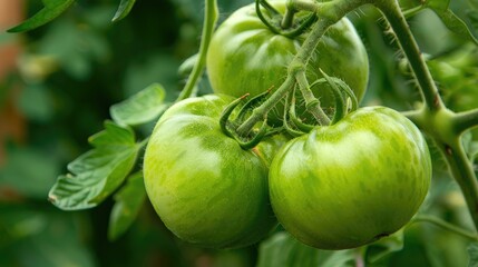 Green unripe tomatoes hanging on a vine in a garden