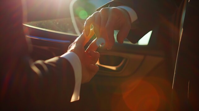 Businessman hands and chauffeur by car door for travel accommodation designated driver or commute Hand of male person on vehicle handle in professional transport service business class : Generative AI