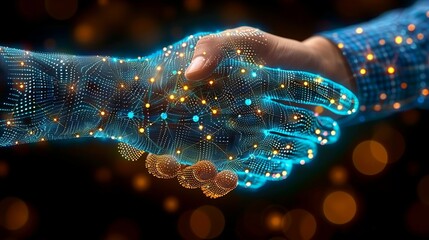 Double exposure of a handshake with transparent quantum circuits, symbolizing trust and collaboration in advanced tech industries. Minimal and Simple style