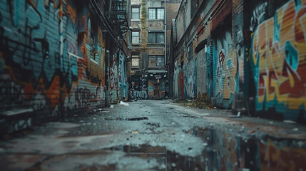 Fototapeta premium Urban alleyway with colorful graffiti on old buildings, puddles on the wet ground reflecting the cityscape.