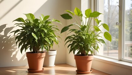 Obraz premium Elegant and Modern Home Office Design with Natural Light and Plants. 3D Render