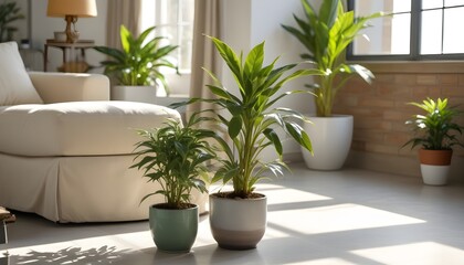 Cozy living room with a potted plant and blurry background. 3D Render