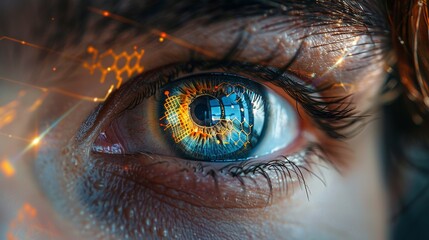 A close-up of a businessman's eye with reflections of quantum circuits, symbolizing a vision focused on integrating advanced technology. Minimal and Simple style