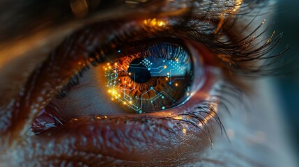 A close-up of a businessman's eye with reflections of quantum circuits, symbolizing a vision focused on integrating advanced technology. Minimal and Simple style