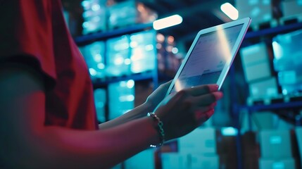 Tablet woman and online stock check with shipping company logistics and e commerce with tech Digital inventory checklist package and supply chain with delivery system and small busines : Generative AI