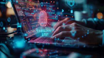 Hacker Typing on Laptop with Digital Fingerprint and Code Overlay