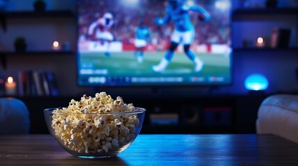 A cozy home theater setup with popcorn on a table, watching a football game on a big screen TV. Perfect for sports fans and movie lovers.